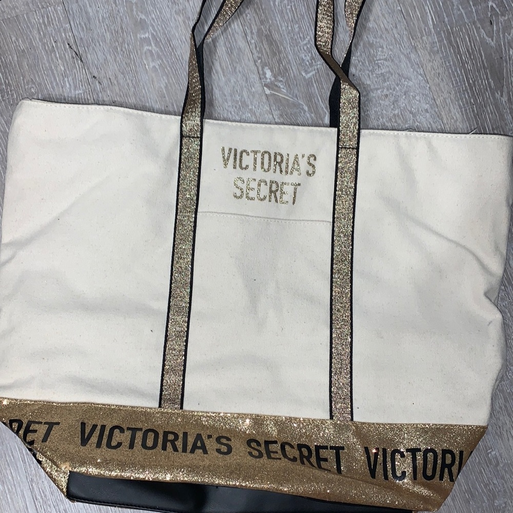 New Victoria’s Secret Gold Glitter Tote Bag + FREE VS BAG